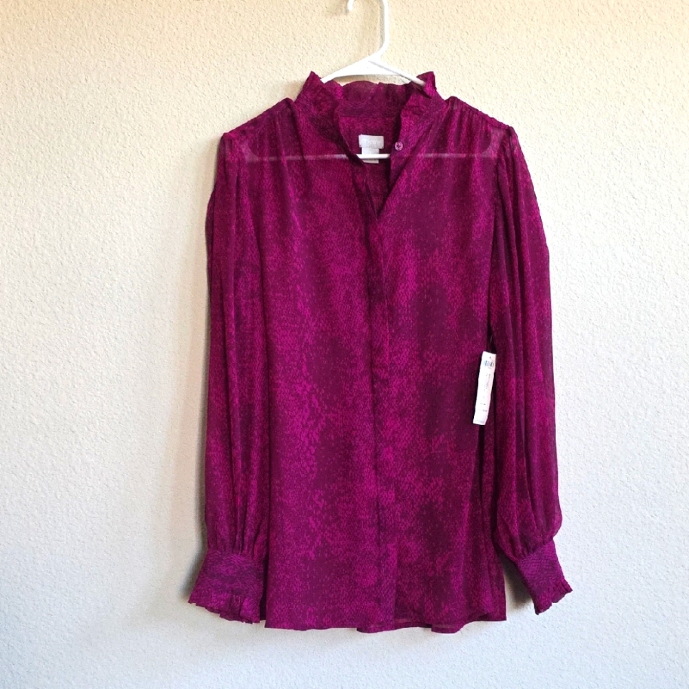 NWT Chico's Purple Snake Print Sheer Blouse Standing Collar M (Chico's Size 1)